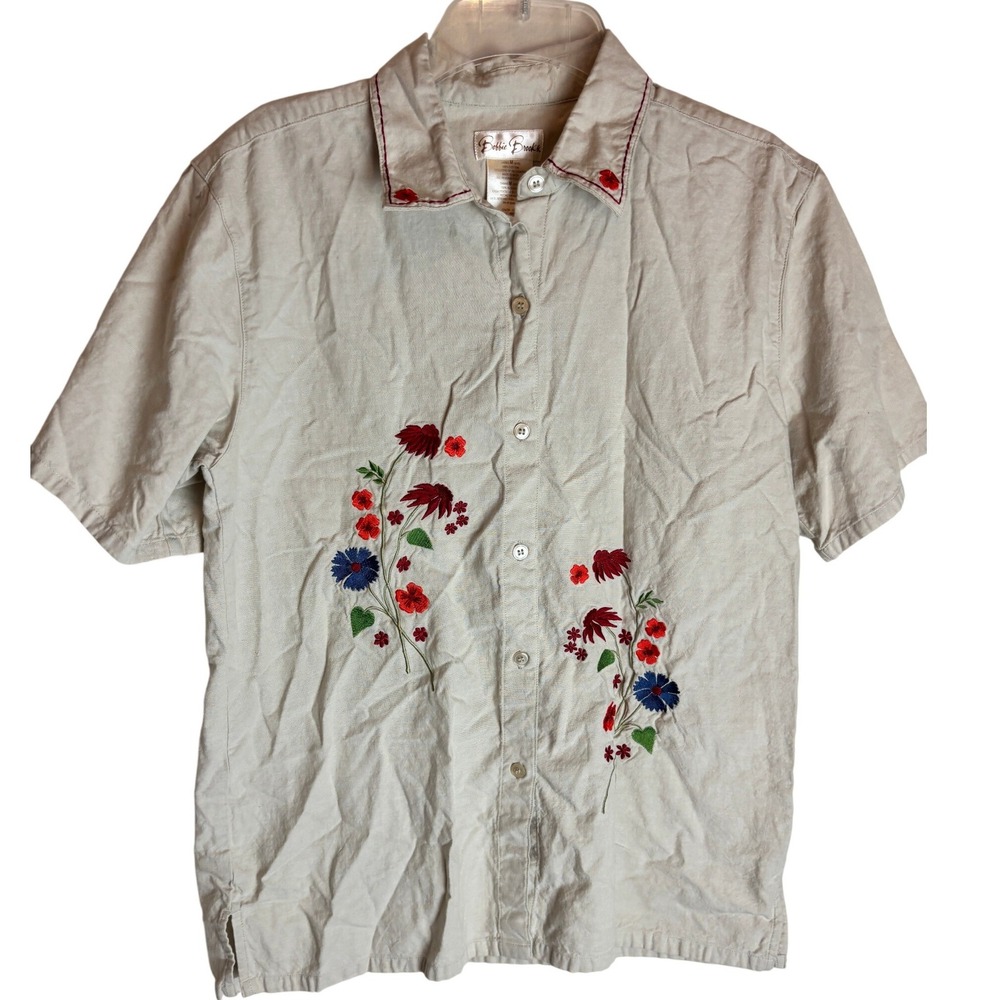 Bobbie Brooks Womens Flax Beige Floral Embroidered Cotton Button Down Shirt M